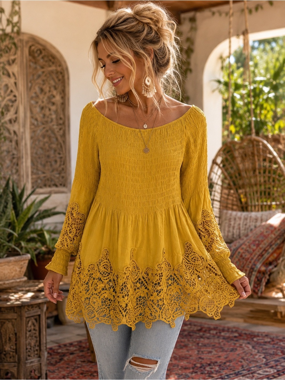 NWT Liv Los Angeles Women's Mustard Lace-Hem Smocked Tunic Top Size Medium
